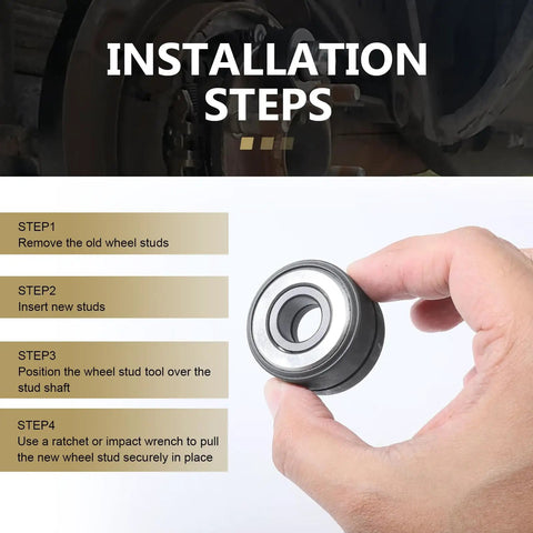 Hand holding heavy duty wheel stud installer tool for cars, SUVs and light trucks with installation steps guide.