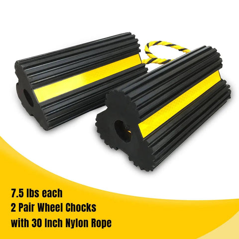 Heavy Duty Rubber Dual Wheel Chocks Set For RVs, Trailers And Trucks with 30 Inch Nylon Rope and Yellow Reflective Tape