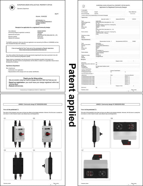 Patent application documents and images of Outdoor Solar Disconnect Switch 32 Amp DC 1200V Four Pole Isolator with IP66 Enclosure.