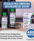 Vertuo Descaler Kit Two Bottles For Limescale Removal And Hotter Coffee Descaler Solution For Vertuo Coffee Machines Four Uses Easy Fast Acting Cleaner displayed with packaging