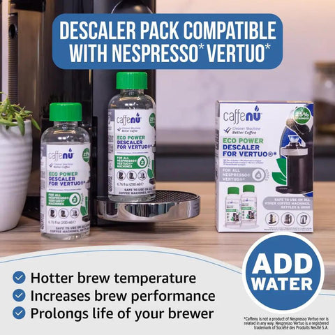 Vertuo Descaler Kit Two Bottles For Limescale Removal And Hotter Coffee Descaler Solution For Vertuo Coffee Machines Four Uses Easy Fast Acting Cleaner displayed with packaging
