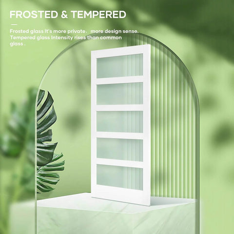 36x84 White Frosted Glass Barn Door With Sliding Hardware Kit Included, PVC Finish, shown upright on a green background