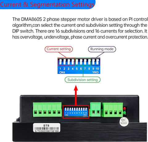 DMA860S 2-Phase Stepper Driver current and subdivision setting interface with DIP switches and green connectors visible