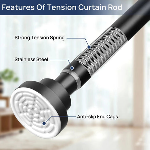 Close-up of 2 Pack Adjustable Spring Tension Curtain Rods 32 To 66 Inches Stainless Steel Matte Black No Drilling Easy Install.