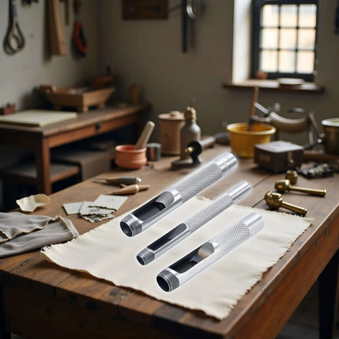 Three Piece Grommet Hole Punch Set With Steel Hollow Punches for leatherworking on a craftsman workbench in a rustic workshop