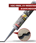 Close-up of a 10.1 oz cartridge labeled Black Silicone Sealant Caulk For Indoor And Outdoor Use highlighting its application.