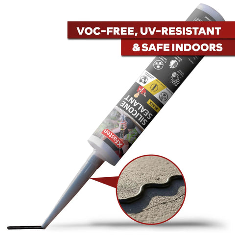 Close-up of a 10.1 oz cartridge labeled Black Silicone Sealant Caulk For Indoor And Outdoor Use highlighting its application.