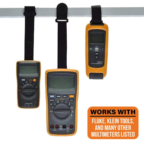 Hands Free Multimeter Hanging Kit With Magnetic Hanger And Two Straps Plus Two Clips For Electrical Meters displayed on bar.