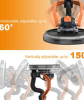 Electric Drywall Sander With Vacuum Dust Collection, Foldable Wall Sander showing 60° horizontal and 150° vertical adjustment.