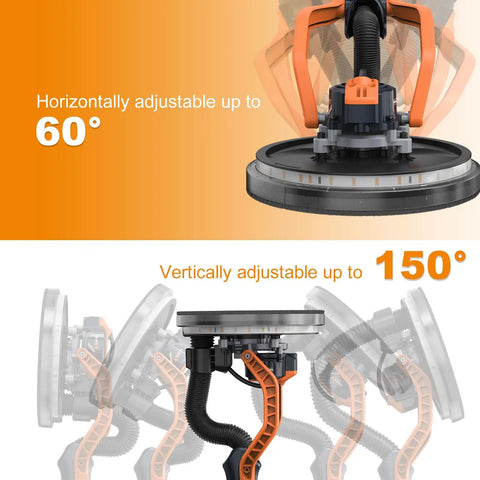 Electric Drywall Sander With Vacuum Dust Collection, Foldable Wall Sander showing 60° horizontal and 150° vertical adjustment.