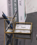 Gold Glass Business Card Holder With Pen And Pencil Tray Desktop Display Stand For Office Organization on desk