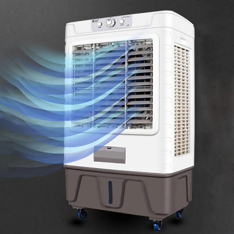 Super Chill Heavy Duty Evaporative Air Cooler With 10000 CFM Flow And 18 Gallon Tank Bringing Ice Cold Breeze Plus 3 Fan Settings As Your Ultimate Swamp Cooler To Crush The Summer Heat Indoors Or Outside blowing cool air.