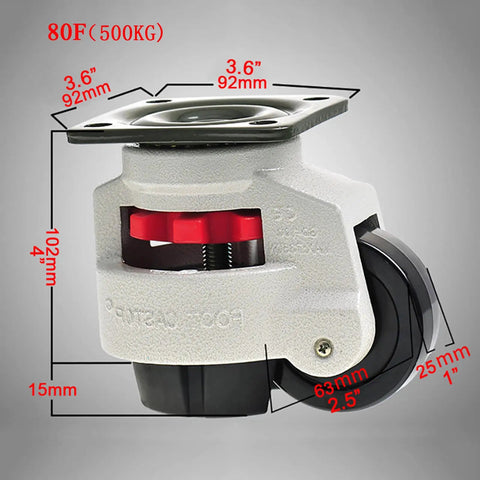 Heavy Duty Nylon Swivel Castor Wheels Four Pack Bully Strong Aluminum Alloy Rolling Casters With Rust Proof Galvanized Finish measuring 92mm x 102mm.