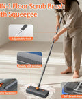 4-in-1 floor scrub brush with squeegee, long handle and tweezers for patios, showers, garages, decks, tile, concrete, wood surfaces.