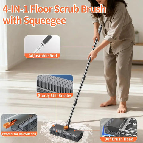 4-in-1 floor scrub brush with squeegee, long handle and tweezers for patios, showers, garages, decks, tile, concrete, wood surfaces.