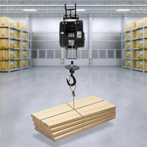 Heavy Duty Electric Hoist With 1102 Lb Capacity And Wired Remote Control Lift For Garage Shop Or Factory Jobs Featuring Fast 1800W Copper Motor lifting lumber in warehouse.