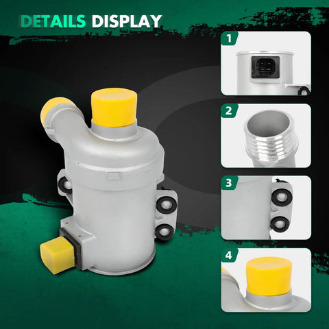 Performance Auxiliary Water Pump 11518635089 for BMW, showing details and connections, silver body with yellow cap and ports.