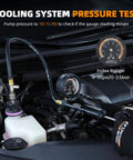 Pro Grade 33 Piece Cooling System Pressure Tester And Vacuum Refill Kit showing pressure gauge and pump connected to radiator.