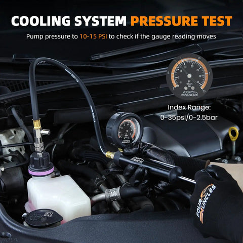 Pro Grade 33 Piece Cooling System Pressure Tester And Vacuum Refill Kit showing pressure gauge and pump connected to radiator.