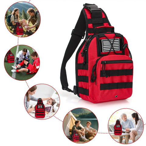 Red Tactical Medical Sling Backpack For EMS Emergency Supplies With MOLLE System shown with various outdoor uses