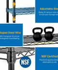4 Tier Storage Racks Shelving System With Adjustable Wire Shelves, Heavy Steel Construction Built For Garage, Kitchen, Bathroom Or Office, Maximizes Space, Black Finish, Durable Steel Frame, Easy Assembly, Dimensions 20 W X 12 D X 32 H adjustable wire shelf with NSF support