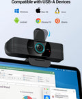 UHD 4K Webcam With Dual Mics, Wide Angle Lens, Privacy Cover And Tripod Stand mounted on laptop for streaming and video calls