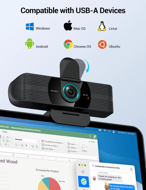 UHD 4K Webcam With Dual Mics, Wide Angle Lens, Privacy Cover And Tripod Stand mounted on laptop for streaming and video calls