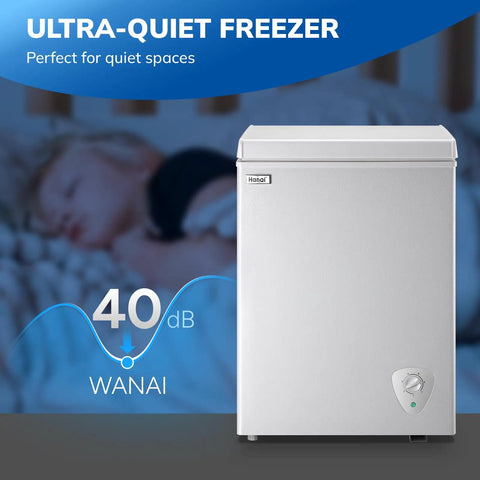 Compact Deep Chest Freezer Featuring 3.5 Cu Ft Capacity And Durable Storage Baskets White Cold Storage Appliance, quiet design at 40dB.