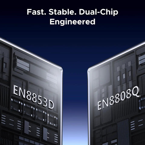 Close-up of dual-chip design for 16 Port Gigabit Unmanaged Switch with Plug and Play for office use, featuring EN8853D and EN8808Q chips.