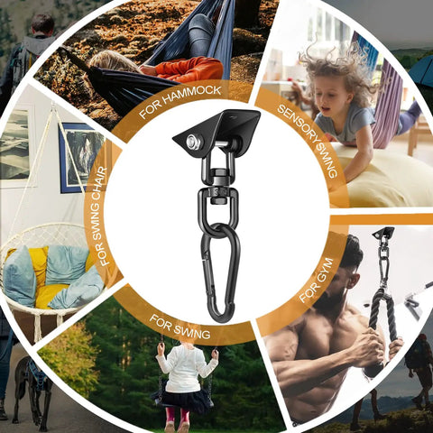 Heavy Duty 360 Degree Swivel Porch Swing Hanging Kit Built For 1200 Lb Capacity Stainless Steel Hanger Perfect For Hammocks Chairs And More Includes 2 Hangers Screws Bolts And Hooks For Quick Setup showing multiple uses including hammock and gym applications