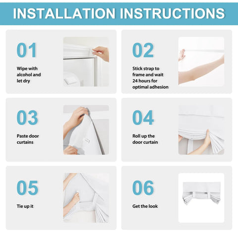 Installation instructions for Easy Install French Door Curtain For Double Doors Thermal Insulated Light Blocking Tie Up Shades Energy Efficient 26 By 40 Inches In Pure White 1 Panel With No Drill Adhesive Straps.