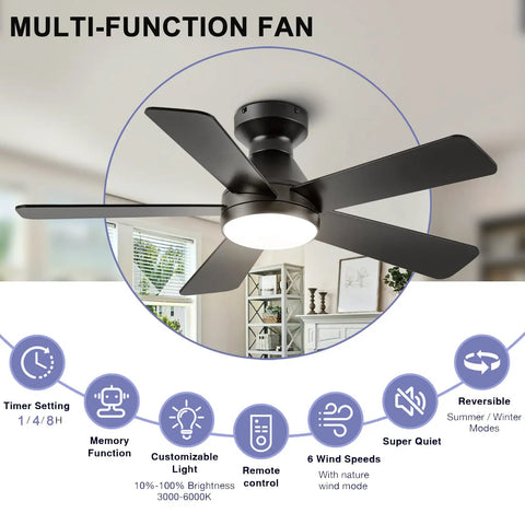Ceiling Fans With Lights 42 Inch Low Profile Flush Mount With Remote Control Quiet Five Blade Reversible 3CCT Dimmable LED.