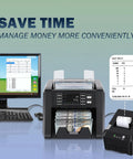 N70A Money Counter Machine With 2CIS UV MG IR Counterfeit Detection counting banknotes with a computer and printer setup