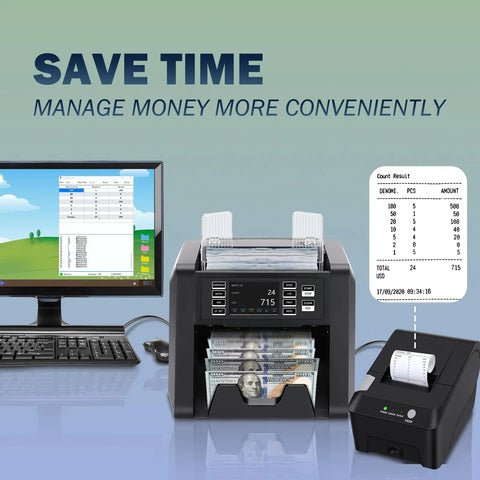N70A Money Counter Machine With 2CIS UV MG IR Counterfeit Detection counting banknotes with a computer and printer setup
