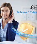 Smiling woman in headset providing customer service, emphasizing 24/7 support and 5-year limited warranty.