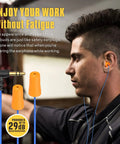 Person wearing Worksite Earplug Headphones With 29dB Noise Reduction, foam earbud style for hearing protection at a work site