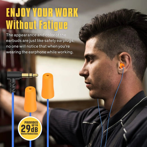 Person wearing Worksite Earplug Headphones With 29dB Noise Reduction, foam earbud style for hearing protection at a work site