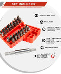 34-Piece Security Bit Set With One-Quarter-Inch Hex Shank For Impact Drivers displayed in red holder with extension bit