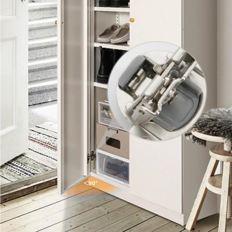 30 Pack Cabinet Door Angle Restriction Clips For 90 Degree Limit To Prevent Slamming And Wall Dings shown on a cupboard hinge.