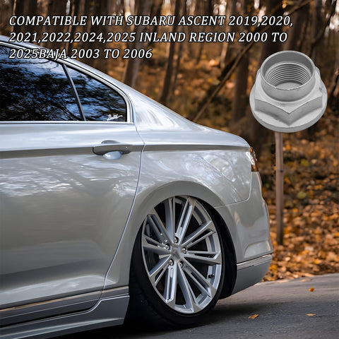 2 Piece Car CV Axle Nut Replacement Kit OEM 902170049 shown with a silver Subaru in an autumn setting