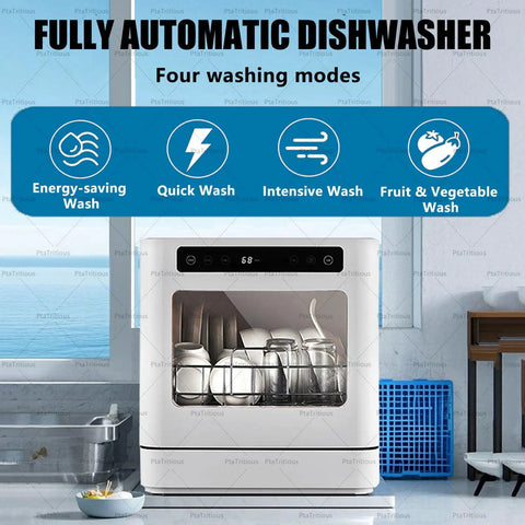 Heavy Duty Countertop Dishwasher Boasting 360 Degree Spin Spray With Four Straight Up Cleaning Modes Including Eco Intensive Quick Cycle And Fruit Veg Wash in a modern kitchen setting.