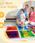Child stepping on Liquid Motion Floor Tiles Set 11.8 Inch Square Colorful Cosmic Colors That Move With Every Step No Install Needed Safe For Kids 6 Piece Decorative Floor Tiles with parents nearby.
