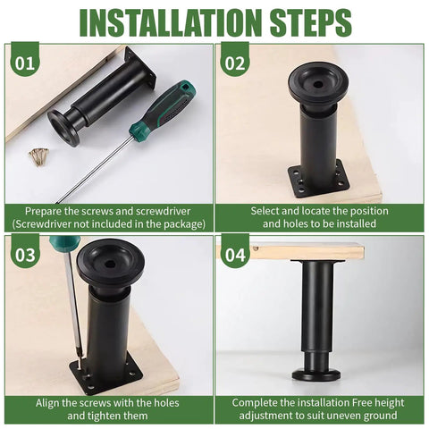 Installation steps for Heavy Duty Adjustable Furniture Legs Set Of Four Tall Metal Cabinet Support Stands For Beds Sofas Chairs And Tables With Quick Install Leveling Base In Matte Black Finish.