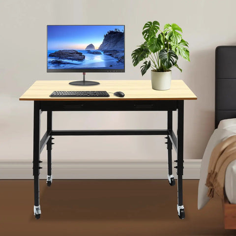 Heavy Duty Rolling Workbench Adjustable Height Rock Solid Steel Base Durable Hardwood Top Smooth Glide Casters Tool Cart For Garage Workshop Home Flex Setup with monitor and keyboard.
