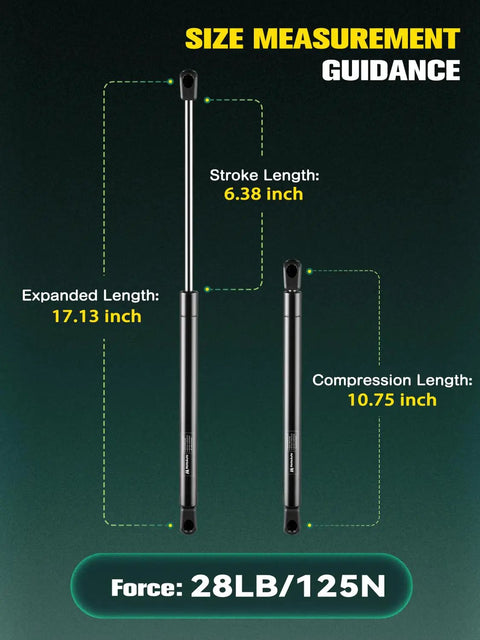 Beefy 17 Inch Gas Struts Lift Supports For Camper Shells And Truck Caps, Replacement Shocks dimensions and force details.