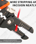 Close-up of Five In One Wire Stripper And Crimping Tool for Ten To Twenty Two AWG Electrical Wires in action cutting red wire.
