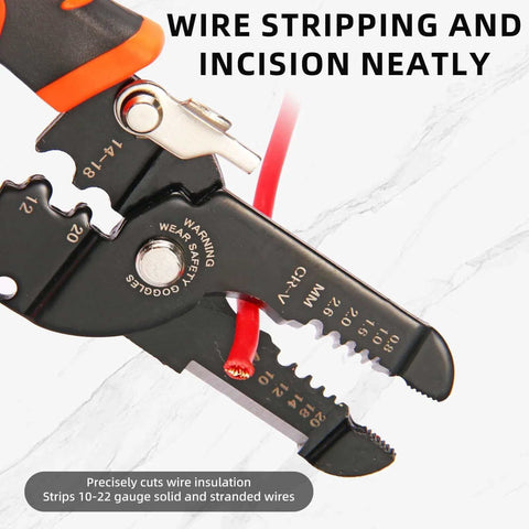 Close-up of Five In One Wire Stripper And Crimping Tool for Ten To Twenty Two AWG Electrical Wires in action cutting red wire.