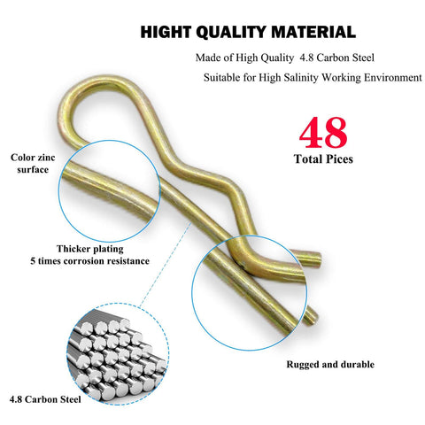 48 Piece Zinc Color Hitch Pin Clip Assortment Kit Featuring 6 Sizes R Clips Cotter Pins Hair Pins Retaining Pins For Dolly Pins Trailer Pins Tractor Equipment Replacement Set For Secure Quick Release Applications image showing zinc surface and corrosion resistance.