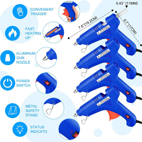 4 Pack 100W Full Size Hot Glue Gun Set Blue Bulk For Crafts And Repairs Must Have Durable Easy Grip High Heat Glue Guns With Quick Heat Up Reliable Adhesive Tool Kit For DIY Projects, blue full-size glue guns with aluminum nozzle and stand