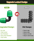 Comparison of Half Inch Drip Irrigation Fittings 12 Pack Barbed 90 Degree Elbows With Locked Nuts showing upgraded design.